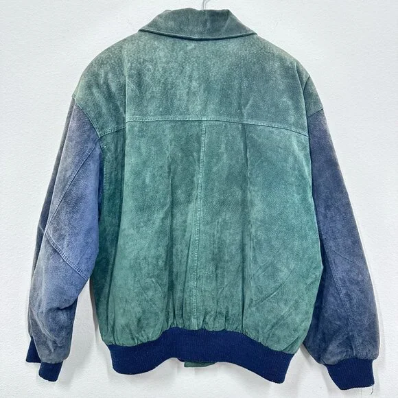 Green & Blue Suede Leather Bomber Jacket 80s Vintage Copper Key Size Medium - Picture 2 of 12